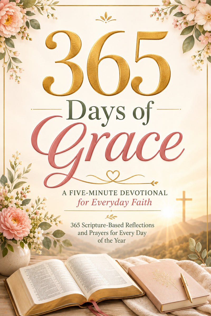 365 Days of Grace devotional ebook cover featuring an open Bible and flowers.