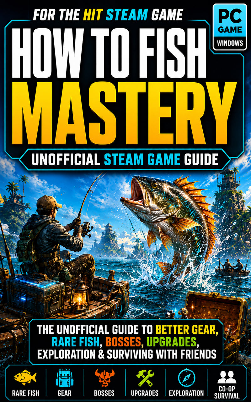 How to Fish Mastery ebook cover for the unofficial guide to gear, rare fish, bosses, and upgrades.