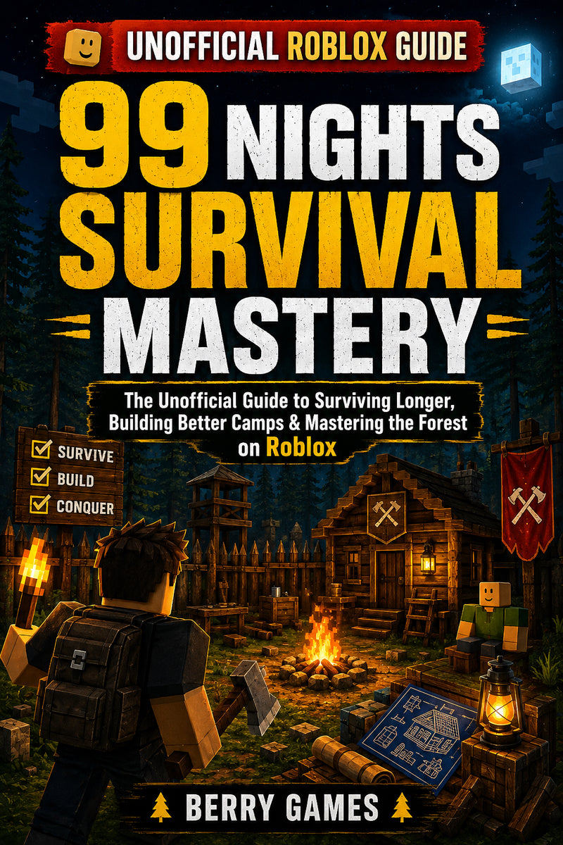 99 Nights Survival Mastery ebook cover, an unofficial Roblox survival guide for 99 Nights in the Forest.