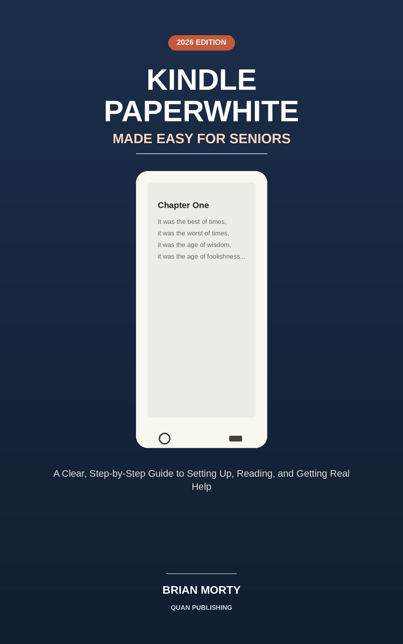 Kindle Paperwhite Made Easy for Seniors ebook cover showing a reader using a Paperwhite e-reader.