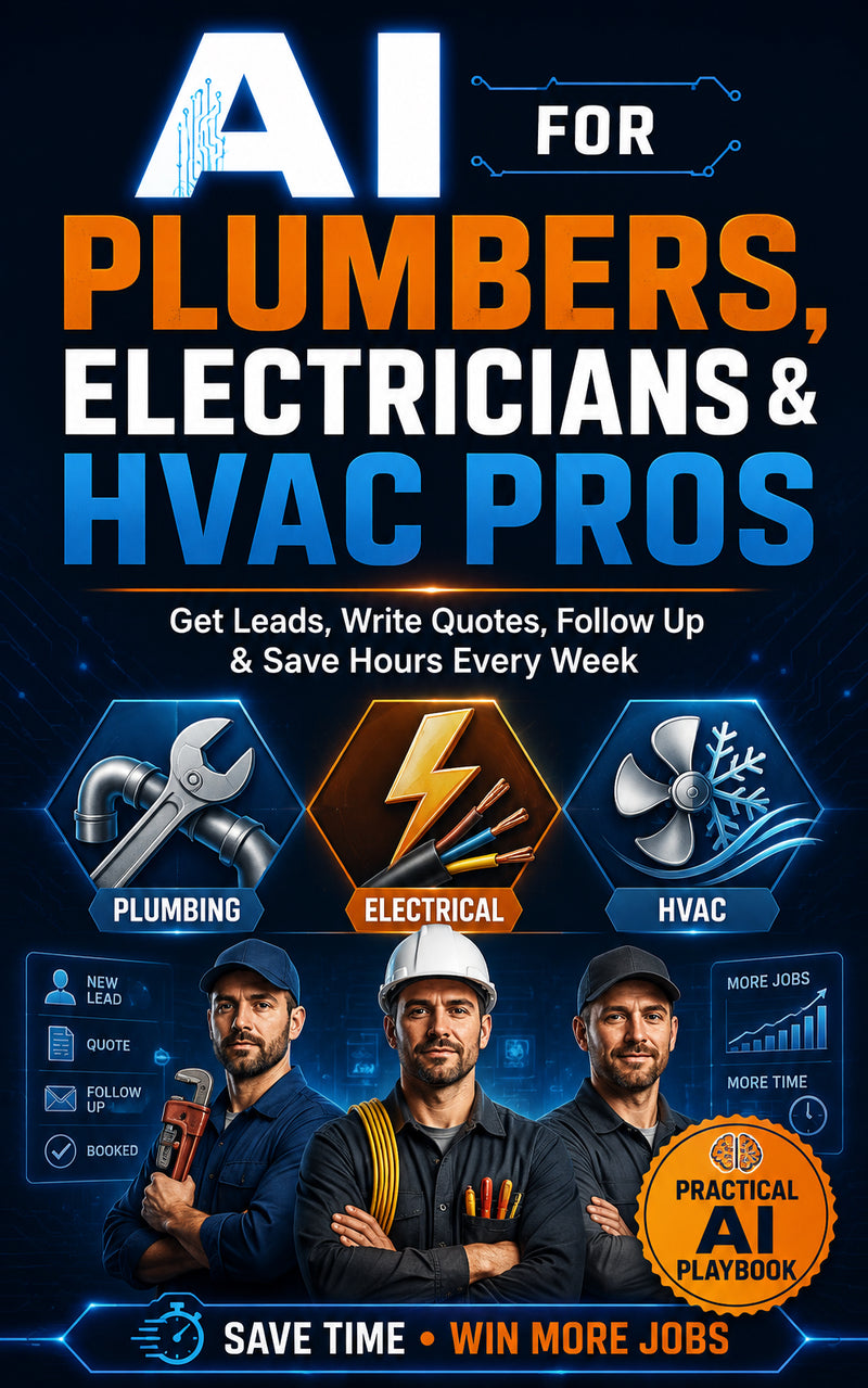 AI for Plumbers, Electricians & HVAC Pros ebook cover showing practical AI workflows for skilled trades.